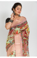 Premium Quality Silk Linen Saree With Kalamkari Digital Print All Over And Zari Weaving Border (KR151)